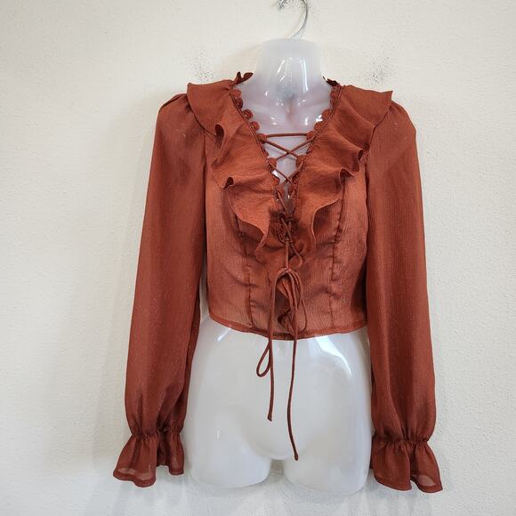 Milk & Honey Glitter Lace Up Ruffle Peasant Blouse Rust Red Side Zip Size Small - Picture 5 of 11